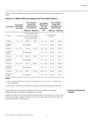 Page 37Installation
Runco X-400d/X-450d Installation/Operation Manual 21 
PREL
IMINARY
Table 3-3 lists the available lens options for the X-400d/X-450d and their associated throw 
ratios. 
Vertical and Horizontal 
Position  Proper placement of the projector relative to the screen will yield a rectangular, 
perfectly-centered image that completely fills the screen.
Ideally, the projector should be positioned perpendicular to the screen and in such a way 
that the lens center is aligned with either the top or...