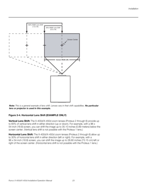 Page 39Installation
Runco X-400d/X-450d Installation/Operation Manual 23 
PREL
IMINARY
Figure 3-4. Horizontal Lens Shift (EXAMPLE ONLY)
Vertical Lens Shift: The X-400d/X-450d zoom lenses (Proteus 2 through 6) provide up 
to 65% of vertical lens shift in either direction (up or down). For example, with a 96 x 
54-inch (16:9) screen, you can shift the image up to 35.10 inches (0.89 meters) below the 
screen center. (Vertical lens shift is not possible with the Proteus 1 lens.)
Horizontal Lens Shift: The...