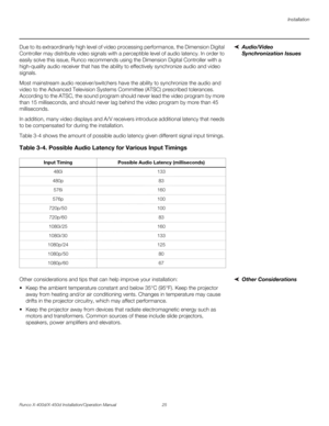 Page 41Installation
Runco X-400d/X-450d Installation/Operation Manual 25 
PREL
IMINARY
Audio/Video 
Synchronization Issues Due to its extraordinarily high level of video processing performance, the Dimension Digital 
Controller may distribute video signals with a perceptible level of audio latency. In order to 
easily solve this issue, Runco recommends using the Dimension Digital Controller with a 
high-quality audio receiver that has the ability to effectively synchronize audio and video 
signals.
Most...