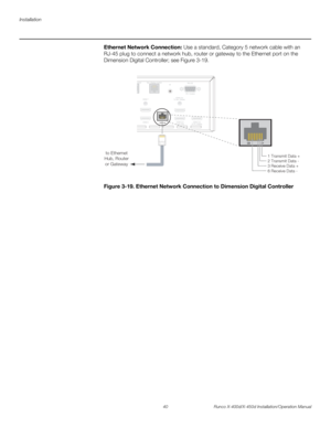 Page 56Installation
40 Runco X-400d/X-450d Installation/Operation Manual
PREL
IMINARY
Ethernet Network Connection: Use a standard, Category 5 network cable with an 
RJ-45 plug to connect a network hub, router or gateway to the Ethernet port on the 
Dimension Digital Controller; see Figure 3-19. 
Figure 3-19. Ethernet Network Connection to Dimension Digital Controller
PC / ControlRS-232
IR
Control Sec. Display Control
HDMI 7
HDMI 8
Ethernet
HDMI Out
To Sec. Display
HDMI Out
To Pri. Display HDMI Out
Audio OnlyPC...