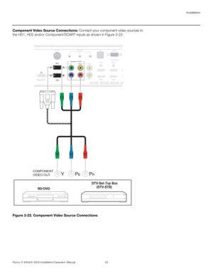 Page 59Installation
Runco X-400d/X-450d Installation/Operation Manual 43 
PREL
IMINARY
Component Video Source Connections: Connect your component video sources to 
the HD1, HD2 and/or Component/SCART inputs as shown in Figure 3-22. 
Figure 3-22. Component Video Source Connections
USB
To Accessory  Box
Video 1 YVideo 2
Video 3
Pr PbHDMI 1
HDMI 2HDMI 3
HDMI 4 Component / SCARTTRIGGERS
RS-232
12 3
HD1
3D SYNC
HD2 DisplayPor
USB
ToAccessory Box
Video 2
Video3
HDMI1
HDMI 2
HDMI3
HDMI4
TRIGGERSRS-2321233D SYNC...