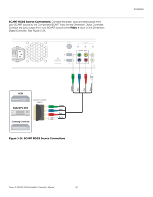 Page 61Installation
Runco X-400d/X-450d Installation/Operation Manual 45 
PREL
IMINARY
SCART RGBS Source Connections: Connect the green, blue and red outputs from 
your SCART source to the Component/SCART input on the Dimension Digital Controller. 
Connect the sync output from your SCART source to the Video 1 input on the Dimension 
Digital Controller. See Figure 3-24. 
Figure 3-24. SCART RGBS Source Connections
Video 1 YVideo 2
Video 3
Pr Pb Component / SCARTTRIGGERS
12 3HD1
3D SYNC
HD2 DisplayPor
Video 2...