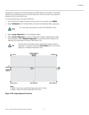 Page 67Installation
Runco X-400d/X-450d Installation/Operation Manual 51 
PREL
IMINARY
“Keystoning” usually occurs when the projector is tilted relative to the screen. “Pincushion” 
distortion can sometimes occur if the throw distance is very short and/or the projector is 
equipped with an anamorphic lens. 
To correct keystoning or pincushion distortion:
1. On the Dimension Digital Controller remote control or front panel, press MENU.
2. Select Calibration from the Main Menu and enter the Calibration Menu...