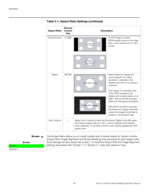 Page 82Operation
66 Runco X-400d/X-450d Installation/Operation Manual
PREL
IMINARY
ScreenThe Screen Menu allows you to recall multiple sets of stored values for certain controls 
(Output Shift, Image Alignment and Screen Masking) that are saved for each aspect ratio. 
Such settings are also saved “per screen.” To recall the Output Shift and Image Alignment 
settings associated with “Screen 1” or “Screen 2,” make that selection here.
Virtual Cinema V-CINE A 16:9 image is scaled 
NON-linearly (more on the sides...
