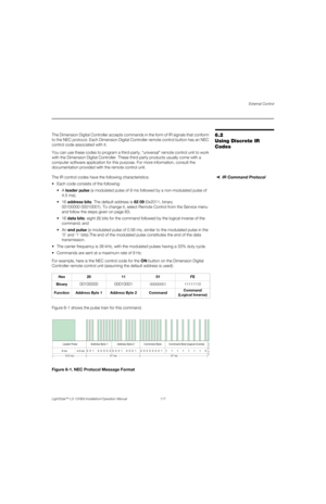 Page 133External Control
LightStyle™ LS-12HBd Installation/Operation Manual 117 
PREL
IMINARY
6.2 
Using Discrete IR 
CodesThe Dimension Digital Controller accepts commands in the form of IR signals that conform 
to the NEC protocol. Each Dimension Digital Controller remote control button has an NEC 
control code associated with it. 
You can use these codes to program a third-party, “universal” remote control unit to work 
with the Dimension Digital Controller. These third-party products usually come with a...