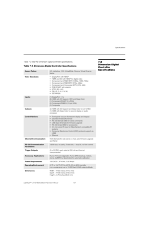 Page 143Specifications
LightStyle™ LS-12HBd Installation/Operation Manual 127 
PREL
IMINARY
7.2 
Dimension Digital 
Controller 
SpecificationsTable 7-2 lists the Dimension Digital Controller specifications.  
Table 7-2. Dimension Digital Controller Specifications
Aspect Ratios: 4:3, Letterbox, 16:9, VirtualWide, Cinema, Virtual Cinema, 
Native
Video Standards:
 HDMI and DVI with HDCP for digital video
 Component and RGB HDTV (1080p, 1080i, 720p)
 Component and RGB EDTV (576p, 480p)
 Component and Composite SDTV...
