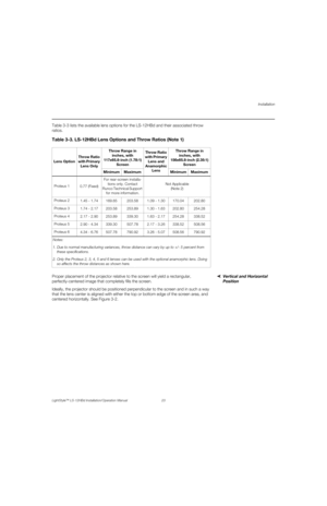 Page 39Installation
LightStyle™ LS-12HBd Installation/Operation Manual 23 
PREL
IMINARY
Table 3-3 lists the available lens options for the LS-12HBd and their associated throw 
ratios. 
Vertical and Horizontal 
Position  Proper placement of the projector relative to the screen will yield a rectangular, 
perfectly-centered image that completely fills the screen.
Ideally, the projector should be positioned perpendicular to the screen and in such a way 
that the lens center is aligned with either the top or bottom...