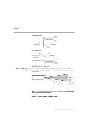 Page 40Installation
24 LightStyle™ LS-12HBd Installation/Operation Manual
PREL
IMINARY
Figure 3-2. Projector Placement
Vertical and Horizontal
Lens ShiftYou can use the lens shift controls to center the image on the screen. Lens shift is 
generally expressed as a percentage of the screen height or width, as shown in Figure 3-3 
and Figure 3-4.
Figure 3-3. Vertical Lens Shift (EXAMPLE ONLY)
Screen Height
Projection DistanceCeiling
x
Lens Center Lens Center
Ceiling Installation
Screen
Height 
Floor Lens Center...