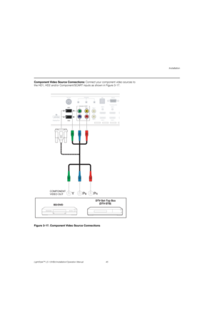 Page 61Installation
LightStyle™ LS-12HBd Installation/Operation Manual 45 
PREL
IMINARY
Component Video Source Connections: Connect your component video sources to 
the HD1, HD2 and/or Component/SCART inputs as shown in Figure 3-17. 
Figure 3-17. Component Video Source Connections
USB
To Accessory  Box
Video 1 YVideo 2
Video 3
Pr PbHDMI 1
HDMI 2HDMI 3
HDMI 4 Component / SCARTTRIGGERS
RS-232
12 3
HD1
3D SYNC
HD2 DisplayPor
USB
ToAccessory Box
Video 2
Video3
HDMI1
HDMI 2
HDMI3
HDMI4
TRIGGERSRS-2321233D SYNC...
