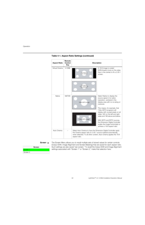 Page 78Operation
62 LightStyle™ LS-12HBd Installation/Operation Manual
PREL
IMINARY
ScreenThe Screen Menu allows you to recall multiple sets of stored values for certain controls 
(Output Shift, Image Alignment and Screen Masking) that are saved for each aspect ratio. 
Such settings are also saved “per screen.” To recall the Output Shift and Image Alignment 
settings associated with “Screen 1” or “Screen 2,” make that selection here.
Virtual Cinema V-CINE A 16:9 image is scaled 
NON-linearly (more on the sides...