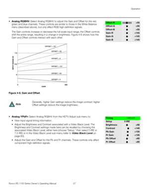 Page 69Operation
Runco RS-1100 Series Owner’s Operating Manual 57 
PREL
IMINARY
 Analog RGBHV: Select Analog RGBHV to adjust the Gain and Offset for the red, 
green and blue channels. These controls are similar to those in the 
White Balance 
menu (described above), but only affect RGB high-definition signals. 
The Gain controls increase or decrease the full-scale input range; the Offset controls 
shift the entire range, resulting in a change in brightness. 
Figure 4-6 shows how the 
Gain and Offset controls...