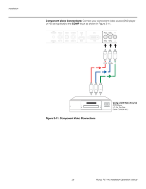 Page 40Installation
26 Runco RS-440 Installation/Operation Manual
PREL
IMINARY
Component Video Connections: Connect your component video source (DVD player 
or HD set top box) to the COMP input as shown in Figure 3-11.  
Figure 3-11. Component Video Connections
Pr/Cr   Pb/Cb     Y
Component Video Source(DVD Player,
HD Set Top Box,
Game Console etc.) 