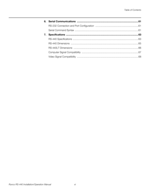 Page 11Table of Contents
Runco RS-440 Installation/Operation Manual xi 
PREL
IMINARY
6.Serial Communications .......................................................................................... 61
RS-232 Connection and Port Configuration  ............................................................... 61
Serial Command Syntax  ............................................................................................. 61
7.Specifications...