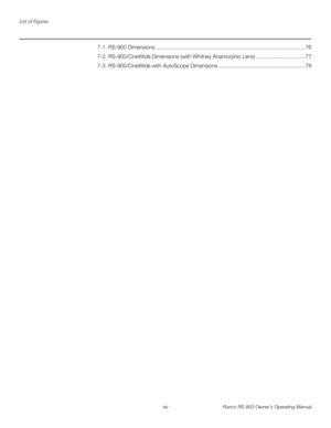 Page 14List of Figures
xiv Runco RS-900 Owner’s Operating Manual
PREL
IMINARY
7-1. RS-900 Dimensions ................................................................................................... 76
7-2. RS-900/CineWide Dimensions (with Whitney Anamorphic Lens) ................................. 77
7-3. RS-900/CineWide with AutoScope Dimensions .......................................................... 78 