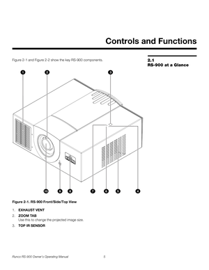 Page 19Runco RS-900 Owner’s Operating Manual 5 
PREL
IMINARY
2.1 
RS-900 at a Glance
Figure 2-1 and Figure 2-2 show the key RS-900 components. 
Figure 2-1. RS-900 Front/Side/Top View
1.EXHAUST VENT
2.ZOOM TAB  
Use this to change the projected image size. 
3.TOP IR SENSOR
2Controls and Functions
12 3
4 5
678910 