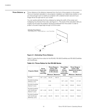 Page 32Installation
18 Runco RS-900 Owner’s Operating Manual
PREL
IMINARY
Throw DistanceThrow distance is the distance measured from the front of the projector to the screen. 
This is an important calculation in any projector installation as it determines whether or not 
you have enough room to install your projector with a desired screen size and if your 
image will be the right size for your screen.
You can quickly estimate the throw distance by taking the width of the screen and 
multiplying it by the lens...