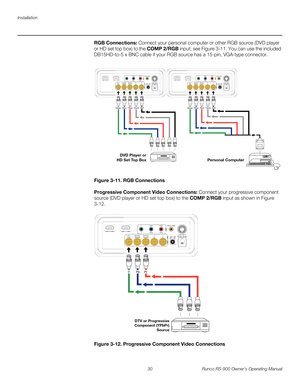 Page 44Installation
30 Runco RS-900 Owner’s Operating Manual
PREL
IMINARY
RGB Connections: Connect your personal computer or other RGB source (DVD player 
or HD set top box) to the COMP 2/RGB input; see 
Figure 3-11. You can use the included 
DB15HD-to-5 x BNC cable if your RGB source has a 15-pin, VGA-type connector. 
Figure 3-11. RGB Connections
Progressive Component Video Connections: Connect your progressive component 
source (DVD player or HD set top box) to the COMP 2/RGB input as shown in 
Figure 
3-12....