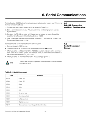 Page 83Runco RS-900 Owner’s Operating Manual 69 
PREL
IMINARY
6.1 
RS-232 Connection 
and Port Configuration
To interface the RS-900 with a home theater automation/control system or a PC running 
terminal emulation software:
1. Connect it to your control system or PC as shown in Figure 3-14.
2. Start a terminal session on your PC using a terminal-emulation program, such as 
HyperTerminal. 
3. Configure the RS-232 controller or PC serial port as follows: no parity, 8 data bits, 1 
stop bit and no flow control....