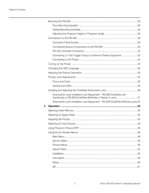 Page 10Table of Contents
x Runco RS-900 Owner’s Operating Manual
PREL
IMINARY
Mounting the RS-900  ................................................................................................. 28
Floor Mounting (Upright) ....................................................................................... 28
Ceiling Mounting (Inverted) .................................................................................... 28
Adjusting the Projector Height or Projection Angle...