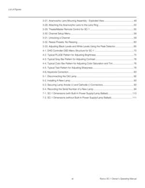 Page 12List of Figures
xii Runco SC-1 Owner’s Operating Manual
PREL
IMINARY
3-27. Anamorphic Lens Mouning Assembly - Exploded View............................................. 49
3-28. Attaching the Anamorphic Lens to the Lens Ring ..................................................... 50
3-29. TheaterMaster Remote Control for SC-1 .................................................................. 55
3-30. Channel Setup Menu...