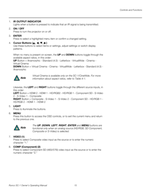 Page 27Controls and Functions
Runco SC-1 Owner’s Operating Manual 15 
PREL
IMINARY
1.IR OUTPUT INDICATOR 
Lights when a button is pressed to indicate that an IR signal is being transmitted.
2.ON / OFF 
Press to turn the projector on or off.
3.ENTER 
Press to select a highlighted menu item or confirm a changed setting.
4.Cursor Buttons (, , , )  
Use these buttons to select items or settings, adjust settings or switch display 
patterns.
 
 
When no menu is present on-screen, the UP and DOWN buttons toggle...