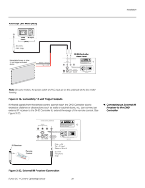 Page 51Installation
Runco SC-1 Owner’s Operating Manual 39 
PREL
IMINARY
Figure 3-19. Connecting 12-volt Trigger Outputs
Connecting an External IR 
Receiver to the DHD 
Controller
If infrared signals from the remote control cannot reach the DHD Controller due to 
excessive distance or obstructions such as walls or cabinet doors, you can connect an 
external IR receiver to the DHD Controller to extend the range of the remote control. See 
Figure 3-20. 
Figure 3-20. External IR Receiver Connection
Tip = +12V...