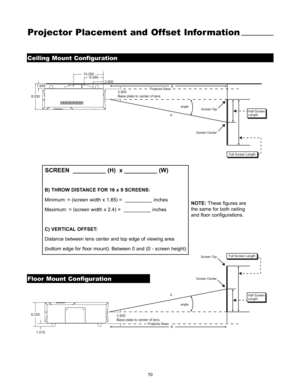 Page 1210
Projector Placement and Offset Information
Ceiling Mount Configuration
Screen Center
Screen Top
Projector Base
angle
B
A
Full Screen Length
Half Screen
Length
3.500
Base plate to center of lens 8.200
1.015
Screen Center
Screen Top
Projector Base
angle
B
A
Full Screen Length
Half Screen
Length
3.500
Base plate to center of lens 1.645
8.83010.250
6.546
3.500
NOTE:These figures are
the same for both ceiling
and floor configurations.
Floor Mount Configuration
SCREEN  __________ (H)  x __________ (W)
B)...