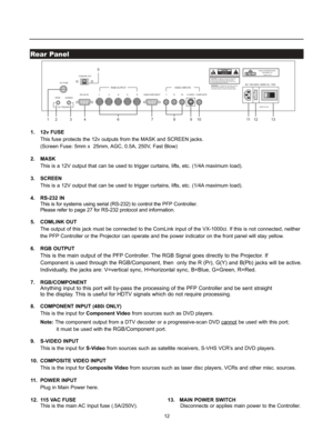 Page 14Rear Panel
12V TRIGGER
12V FUSERGB OUTPUT VIDEO INPUTS
RS-232 IN
MADE IN USA
AC 100-240V, 50/60 Hz, 15W
MASK
SCREENRGB/COMPONENT COMPOSITE V
HB G R Y Pr PbS-VIDEO
MADE IN USARUNCO INTERNATIONAL
HAYWARD, CA
CAUTION: TO REDUCE THE RISK OF ELECTRIC 
SHOCK, DO NOT REMOVE COVER. NO USER- 
SERVICEABLE PARTS INSIDE. REFER SERVICING 
TO QUALIFIED SERVICE CENTER.AVIS: RISQUE DE CHOC ELECTRIQUE-NE PAS OUVRIRCAUTIONRISK OF ELECTRIC SHOCK
DO NOT OPEN!
WARNING: TO REDUCE THE RISK OF FIRE
OR ELECTRIC SHOCK, DO NOT...