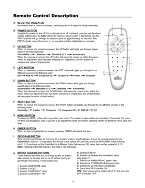 Page 1513
Remote Control Description
A. IR OUTPUT INDICATOR
Illuminates when a button is pressed, indicating that an IR signal is being transmitted.
B. POWER BUTTON
Toggles the power on and off. For a discrete on or off command, you can use the direct
access buttons (see J). Note:When the main AC power switch is first turned ON, the
PFP Controller will go through an initiation cycle for approximately 15 seconds. The
PFP Controller cannot be turned on or operated until the initialization is complete. 
C....