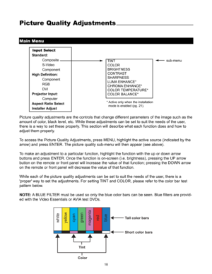 Page 2018
Picture Quality Adjustments
Main Menu
TINT
COLOR
BRIGHTNESS
CONTRAST
SHARPNESS
LUMA ENHANCE*
CHROMA ENHANCE*
COLOR TEMPERATURE*
COLOR BALANCE*
Picture quality adjustments are the controls that change different parameters of the image such as the
amount of color, black level, etc. While these adjustments can be set to suit the needs of the user,
there is a way to set these properly. This section will describe what each function does and how to
adjust them properly.
To access the Picture Quality...