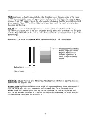 Page 2119
TINT(also known as hue) is essentially the ratio of red to green in the color portion of the image. 
If TINT is decreased, the image will appear redder, and increasing it will cause the image to appear
greener. To set TINT properly, look at the color bar pattern through a blue filter (or mute the red and
green outputs). Adjust TINT until the middle two tall color bars match the middle short color bars 
(see color bar drawing).
COLOR
(also known as saturation) increases or decreases the amount of color...