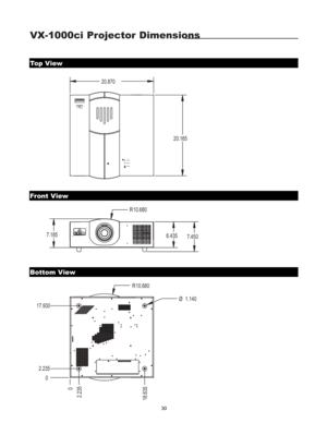 Page 32VX-1000ci Projector Dimensions
30
6.4357.1857.450
R10.680
20.165
20.870
0
2.2
35
18.635
0
2.235
17.930
R10.680
Ø1.140
Power
Lamp
Te m p
Top View
Front View
Bottom View 