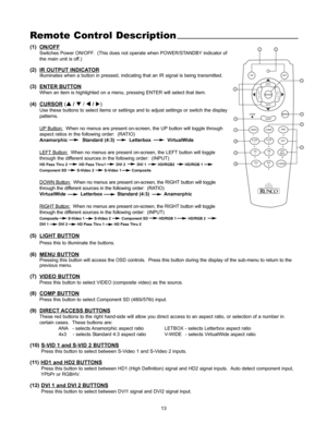 Page 1413
Remote Control Description
(1) ON/OFF
Switches Power ON/OFF.  (This does not operate when POWER/STANDBY indicator of
the main unit is off.)
(2) IR OUTPUT INDICATORIlluminates when a button in pressed, indicating that an IR signal is being transmitted.
(3) ENTERBUTTON
When an item is highlighted on a menu, pressing ENTER will select that item. 
(4) CURSOR(S
/ T/ W
/ X)
Use these buttons to select items or settings and to adjust settings or switch the display
patterns.
UP
Button:When no menus are...