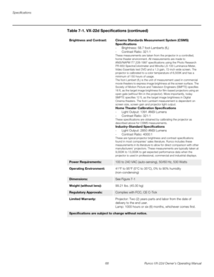 Page 80Specifications
68 Runco VX-22d Owner’s Operating Manual
PRELI
MINARY
Brightness and Contrast: Cinema Standards Measurement System (CSMS) 
Specifications
- Brightness: 58.7 foot-Lamberts (fL) 
- Contrast Ratio: 321:1 
These measurements are taken from the projector in a controlled, 
home theater environment. All measurements are made to 
ANSI/NAPM IT7.228-1997 specifications using the Photo Research 
PR-650 SpectraColorimeter and Minolta LS-100 Luminance Meter, 
Video Essentials test DVD and a 1.3 gain,...