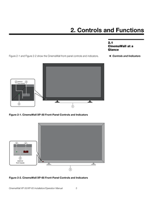 Page 19CinemaWall XP-50/XP-65 Installation/Operation Manual 5 
PREL
IMINARY
2.1 
CinemaWall at a 
Glance
Controls and IndicatorsFigure 2-1 and Figure 2-2 show the CinemaWall front-panel controls and indicators.
Figure 2-1. CinemaWall XP-50 Front-Panel Controls and Indicators
Figure 2-2. CinemaWall XP-65 Front-Panel Controls and Indicators
2. Controls and Functions
1
3
2(behind
front bezel)4
1
2
34
(behind
front bezel) 