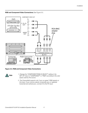 Page 31Installation
CinemaWall XP-50/XP-65 Installation/Operation Manual 17 
PREL
IMINARY
RGB and Component Video Connections: See Figure 3-3. 
Figure 3-3. RGB and Component Video Connections
1. Change the “COMPONENT/RGB-IN SELECT” setting in the 
SET
 UP menu to “COMPONENT” or “RGB” according to the color 
space used by the source.
2. The CinemaWall supports only “sync-on-green” RGB signals on 
this input. If your source outputs composite sync or separate 
horizontal and vertical sync, connect it to the PC...