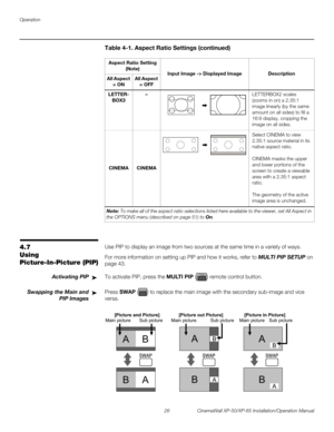 Page 40Operation
26 CinemaWall XP-50/XP-65 Installation/Operation Manual
PREL
IMINARY
4.7 
Using 
Picture-In-Picture (PIP)
Use PIP to display an image from two sources at the same time in a variety of ways. 
For more information on setting up PIP and how it works, refer to MULTI PIP SETUP on 
page 43.
Activating PIPTo activate PIP, press the MULTI PIP () remote control button. 
Swapping the Main and 
PIP Images
Press SWAP () to replace the main image with the secondary sub-image and vice 
versa.
LETTER-...