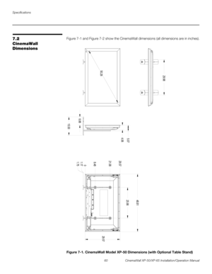 Page 74Specifications
60 CinemaWall XP-50/XP-65 Installation/Operation Manual
PREL
IMINARY
7.2 
CinemaWall 
Dimensions
Figure 7-1 and Figure 7-2 show the CinemaWall dimensions (all dimensions are in inches).
 
Figure 7-1. CinemaWall Model XP-50 Dimensions (with Optional Table Stand)
50.2629.98
15.505.07
4.06
6.880
1.75 1.178.48 21.08 29.5725.9848.81
29.57 