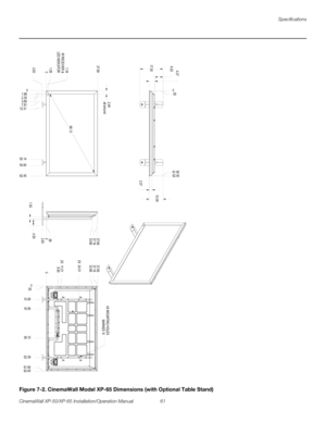 Page 75Specifications
CinemaWall XP-50/XP-65 Installation/Operation Manual 61 
PREL
IMINARY
 
Figure 7-2. CinemaWall Model XP-65 Dimensions (with Optional Table Stand)
0
7.81
12.311.98
2.35
3.69
62.45 54.64 50.14
0
2.83 37.69
1.34
IR RECEIVER &
LED INDICATOR
1.262.49
all around
66.13 17.00
0
.55
61.90
62.45
10.09
2.07 4.07
6.02
0
2.83 33.86 37.69
37.16
.59
1.504.50
0
10.06
52.39
62.45 38.1016.95
61.90.55
0 8.90 2X 11.01 2X 24.0133.86 37.69
37.164X MOUNTING HOLES
MARKED A
A
AA
A 