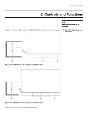 Page 19Controls and Functions
Vistage™ Series Flat-Panel Display Installation/Operation Manual 5 
PREL
IMINARY
2.1 
Vistage Series at a 
Glance
Front-Panel Controls and 
Indicators Figure 2-1 and Figure 2-2 show the V-50HD/V-63HD front-panel controls and indicators.
Figure 2-1. V-50HD Front-Panel Controls and Indicators
Figure 2-2. V-63HD Front-Panel Controls and Indicators
2. Controls and Functions
3
1
24
3
1
24 