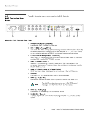 Page 22Controls and Functions
8 Vistage™ Series Flat-Panel Display Installation/Operation Manual
PREL
IMINARY
2.3 
DHD Controller Rear 
PanelFigure 2-5 shows the rear connector panel on the DHD Controller.
Figure 2-5. DHD Controller Rear Panel
1.POWER INPUT (100 to 240 VAC)
Connect the DHD Controller to power here. 
2.HD1 / HD2 (5 x Analog BNCs)
Two inputs (five BNCs per input) for connecting standard-definition (SD = 480i/576i), 
enhanced-definition (ED = 480p/576p) or high-definition (HD = 720p/1080i/1080p)...