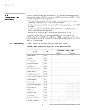 Page 82External Control
68 Vistage™ Series Flat-Panel Display Installation/Operation Manual
PREL
IMINARY
6.3 
Using HDMI CEC 
MessagesThe DHD Controller accepts and can respond to CEC command messages from a disc 
player, satellite receiver or DVR/set-top box via an HDMI connection. Using CEC, the DHD 
Controller can perform the following actions:
 Turn itself and the display device on and select the correct input when the source 
component initiates playback of a disc or recorded program. 
 Turn the source...