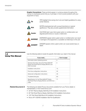 Page 18Introduction
2 PlasmaWall XP Series Installation/Operation Manual
PREL
IMINARY
Graphic Conventions: These symbols appear in numerous places throughout the 
manual, to emphasize points that you must keep in mind to avoid problems with your 
equipment or injury: 
1.2 
Using This Manual
Use the following table to locate the specific information you need in this manual. 
Related DocumentsThe following are related Runco documents available from your Runco dealer or 
representative, or from www.Runco.com: 
...