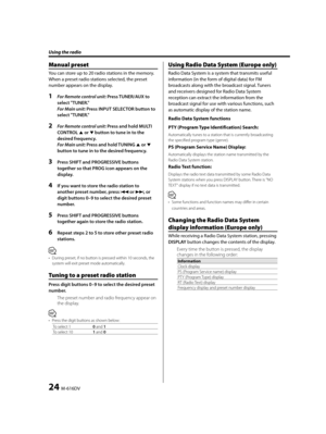 Page 2424  M-616DV
Using the radio
Manual preset
You can store up to 20 radio stations in the memory. 
When a preset radio stations selected, the preset 
number appears on the display. 
1 For Remote control unit: Press TUNER/AUX to 
select "TUNER."
For Main unit: Press INPUT SELECTOR button to 
select "TUNER."
2 For Remote control unit: Press and hold MULTI 
CONTROL 5 or ∞ button to tune in to the 
desired frequency.
For Main unit: Press and hold TUNING 5 or ∞ 
button to tune in to the desired...
