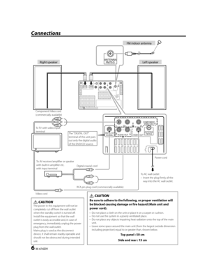 Page 66  M-616DV
ANTENNA
FM75
y
DIGITAL OUT
(
COAXIAL)R YCb Cr
L
AUDIO OUT
VIDEO OUTANTENNA
FM75
y
COMPONENT
VIDEO OUT
Connections 
¤ CAUTION
Be sure to adhere to the following, or proper ventilation will 
be blocked causing damage or fire hazard (Main unit and 
power cord).
•  Do not place a cloth on the unit or place it on a carpet or cushion.
•  Do not use the system in a poorly ventilated place.
•  Do not place any objects impairing heat radiation onto the top of the main 
unit.
•  Leave some space...