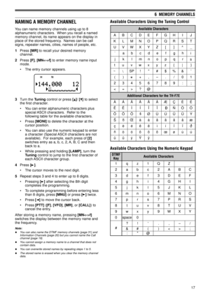 Page 2217
6  MEMORY CHANNELS
NAMING A MEMORY CHANNEL
You can name memory channels using up to 8
alphanumeric characters.  When you recall a named
memory channel, its name appears on the display in
place of the stored frequency.  Names can be call
signs, repeater names, cities, names of people, etc.
1Press [MR] to recall your desired memory
channel.
2Press [F], [MNf] to enter memory name input
mode.
¥ The entry cursor appears.
3Turn the Tuning control or press []/ [] to select
the first character.
¥ You can...