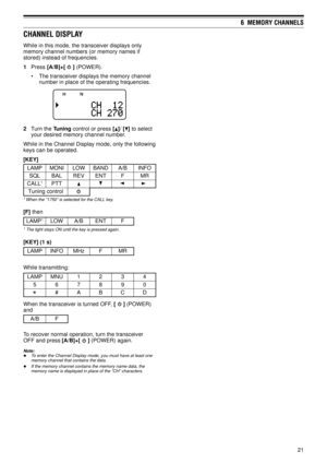 Page 2621
6  MEMORY CHANNELS
CHANNEL DISPLAY
While in this mode, the transceiver displays only
memory channel numbers (or memory names if
stored) instead of frequencies.
1Press [A/B]+[ 
 ] (POWER).
¥ The transceiver displays the memory channel
number in place of the operating frequencies.
2Turn the Tuning control or press []/ [] to select
your desired memory channel number.
While in the Channel Display mode, only the following
keys can be operated.
[KEY]
P M A LIN O MWO LDN A BB/ AOF N I
L Q SLA BVE RTN EFRM
L...