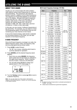 Page 3833
UTILIZING THE B-BAND
ABOUT THE B-BAND
Usually you can communicate with other amateur
radio stations using A-band frequencies for receiving
and transmitting.  This transceiver also features
another receiver in addition to the A-band transceiver.
The frequency for the B-band appears on the bottom
part of the display.  Although the A-band transceiver
covers only the 2 m/ 1.25 m (TH-F6A only)/ 70 cm
amateur radio bands in FM mode, the B-band
receiver can receive signals from 100 kHz to
470 MHz in SSB, CW,...