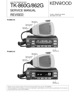 Page 1© 2000-1 PRINTED IN JAPAN
B51-8498-10 (
N)
 1268
UHF FM TRANSCEIVER
TK-860G/862G
SERVICE MANUAL
REVISED
Microphone
(T91-0597-15)
Cabinet (Upper)
(A01-2165-13)
Panel assy
(A62-0642-03)
Key top
(K29-5343-02)
Microphone
(T91-0597-15)
Cabinet (Upper)
(A01-2165-13)
Panel assy
(A62-0731-03)
Key top
(K29-5344-02)
TK-860G (K)
TK-862G (K)
Please use this manual in place of the service manual (preliminary version), B51-8498-00.
We have added the information on the circuit description, specifications, and K3...