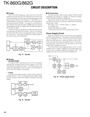 Page 2828
TK-860G/862G
Encode
The QT and DQT signals are output from TO of the CPU
(IC502) and summed with the external pin DI line by the
summing amplifier (IC2) and the resulting signal goes to the
D/A converter (IC6) of the TX-RX unit.  The DTMF and 2-
TONE signals are output from DTMF of the CPU and goes to
the audio processor (IC508).  The signal is summed with a
MIC signal by the audio processor (IC508), and the resulting
signal passes through an analog switch (IC509) and goes to
the TX-RX unit (MO).
The...